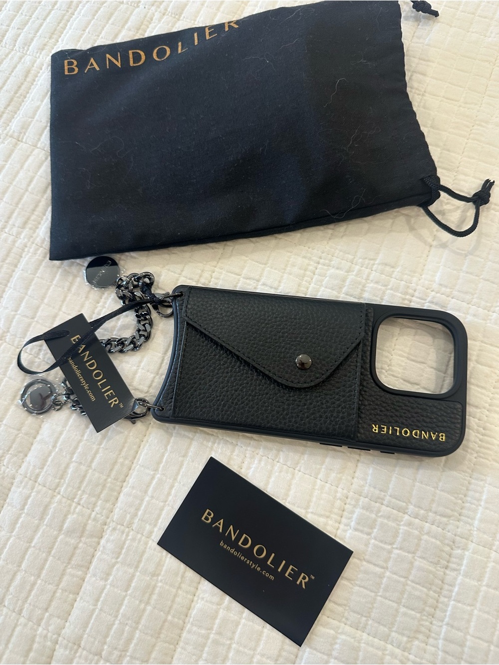 Bandolier Black Leather Card Pocket Phone Case with Chain Strap